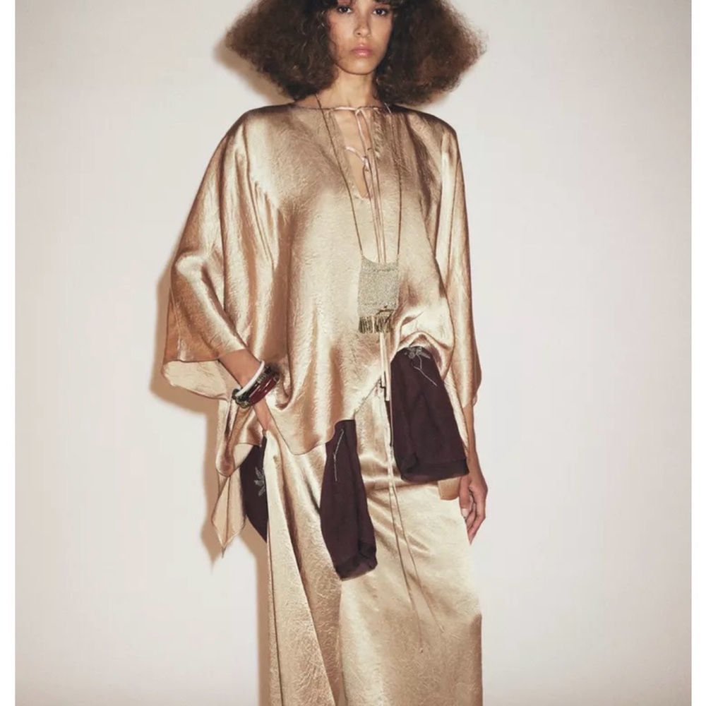 ZW COLLECTION SATIN EFFECT CAPE SHIRT AND WIDE LEG PANTS